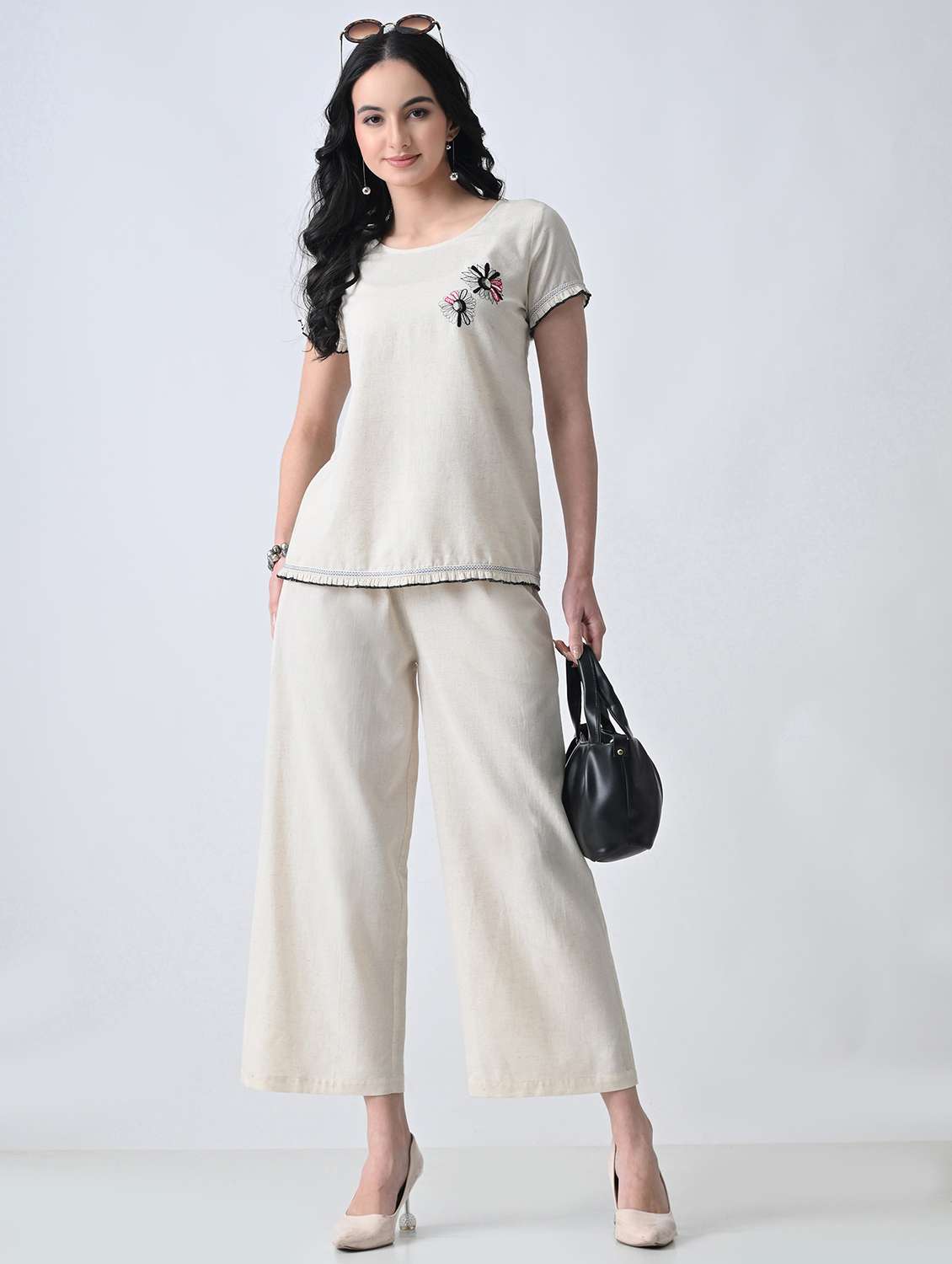 women embroidered  round neck top and palazzo co-ord set