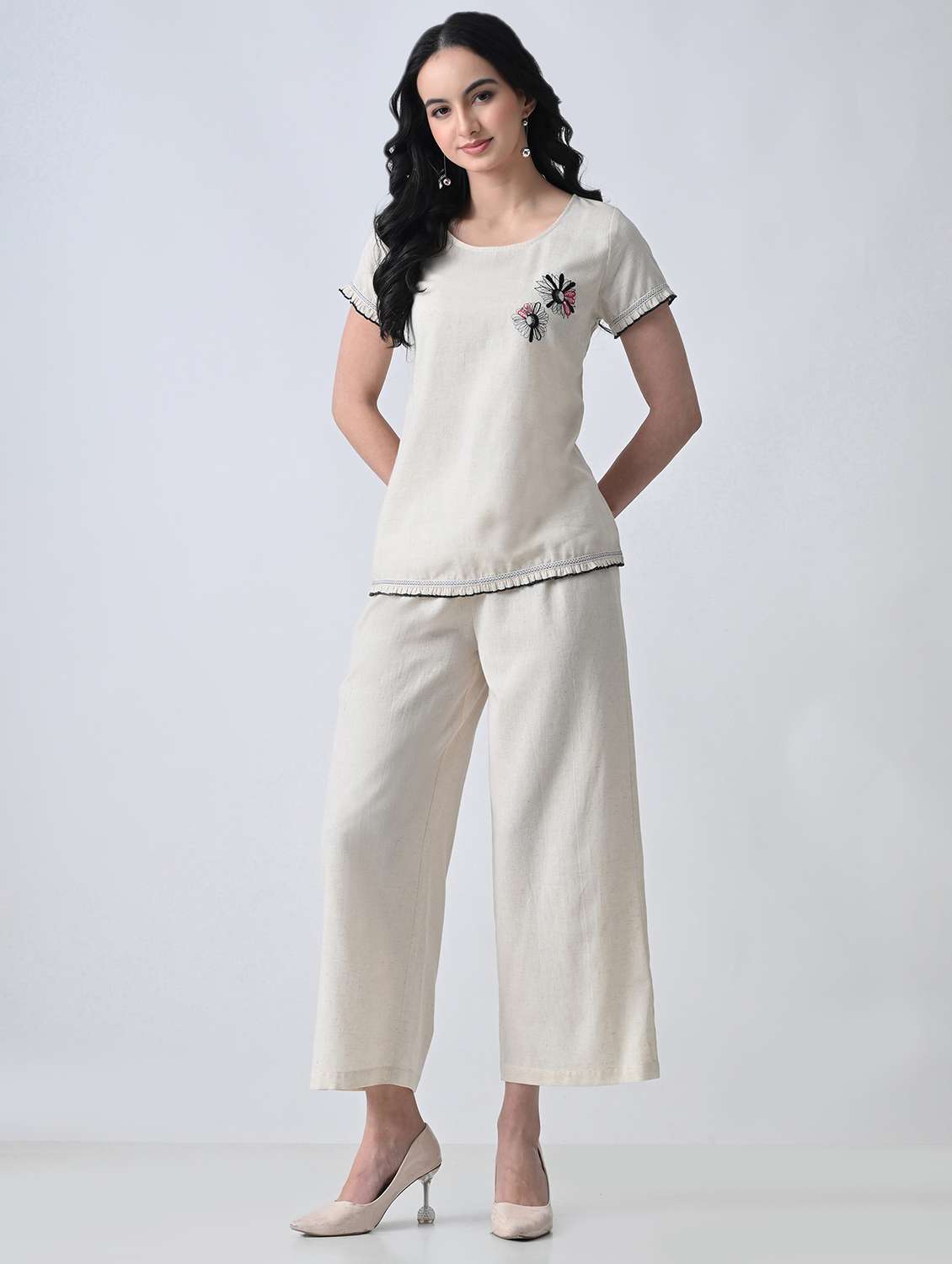 women embroidered  round neck top and palazzo co-ord set - 22502636 -  Standard Image - 3