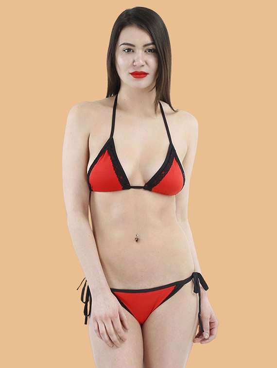 women solid halter neck bikini set