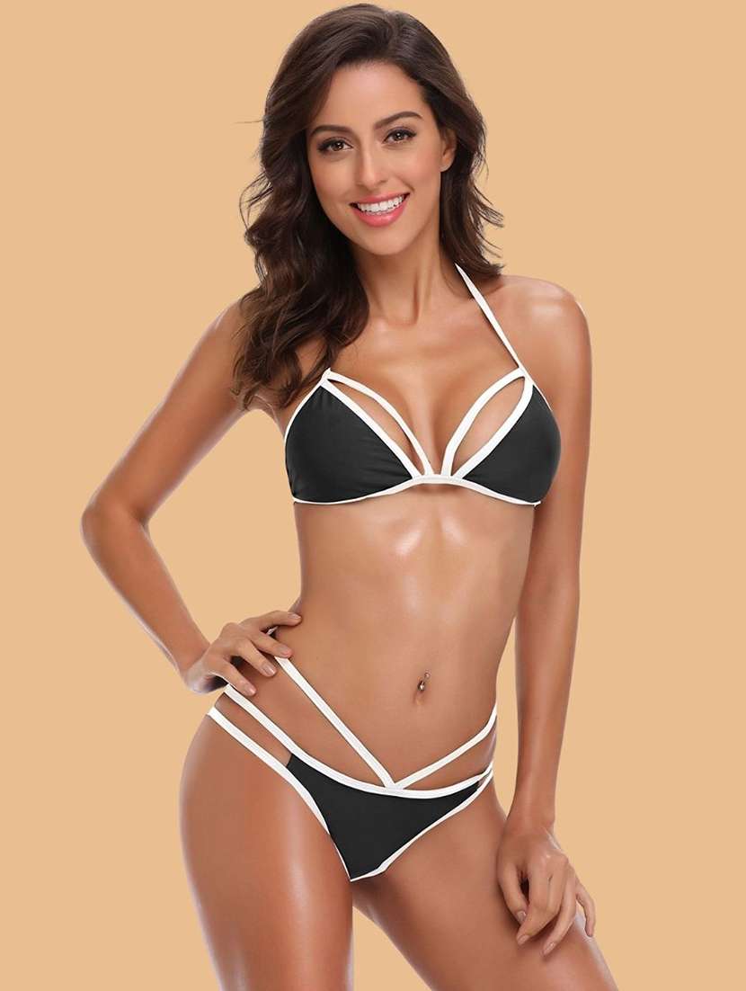 women solid halter neck bikini set