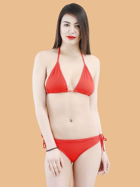 women solid halter neck swimwear bikini set