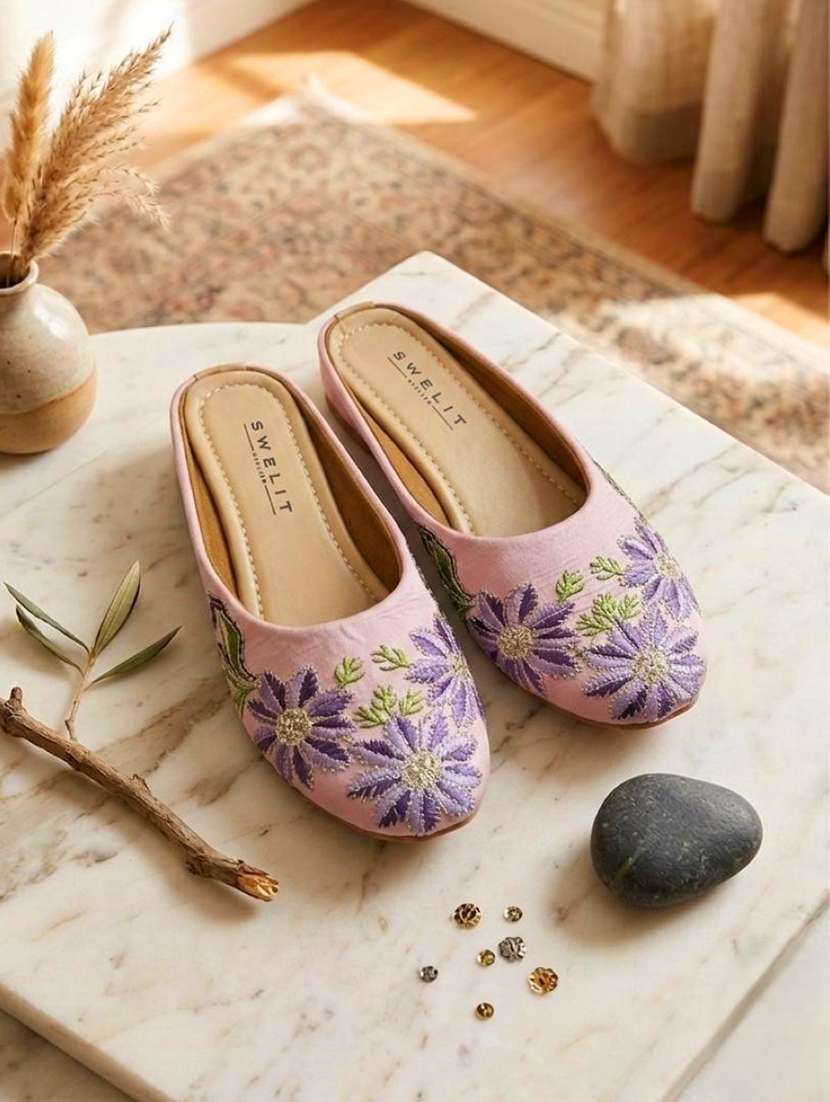 women embroidered slip on mules