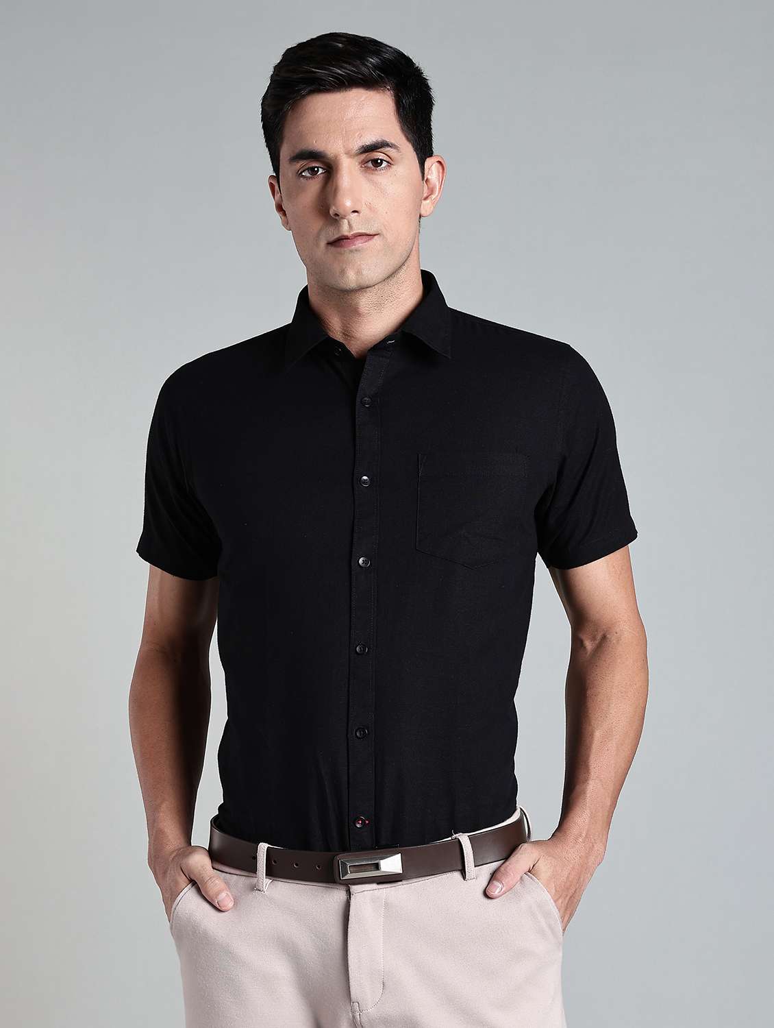 men solid short sleeve slim fit formal shirt