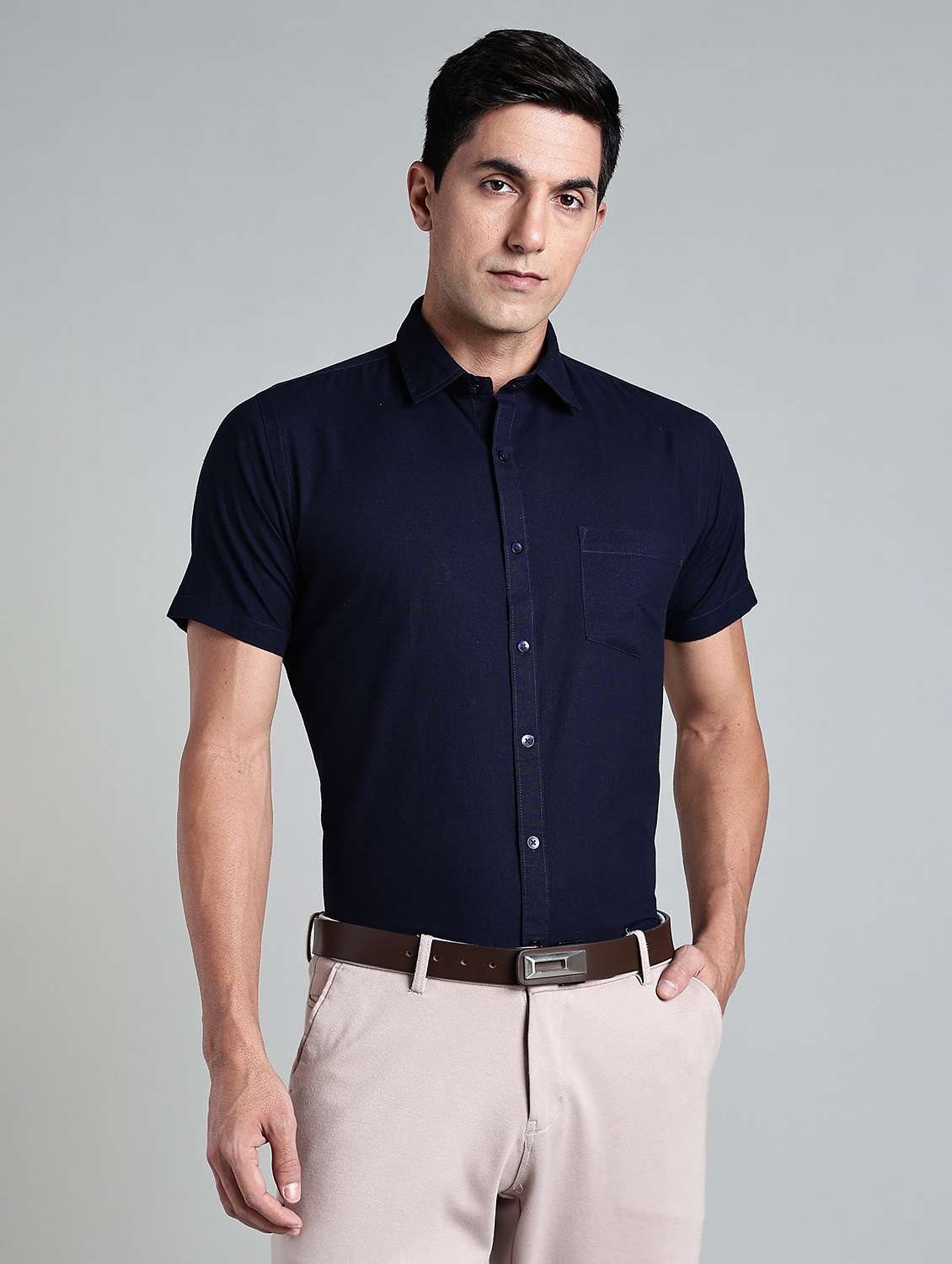 men solid short sleeve slim fit formal shirt