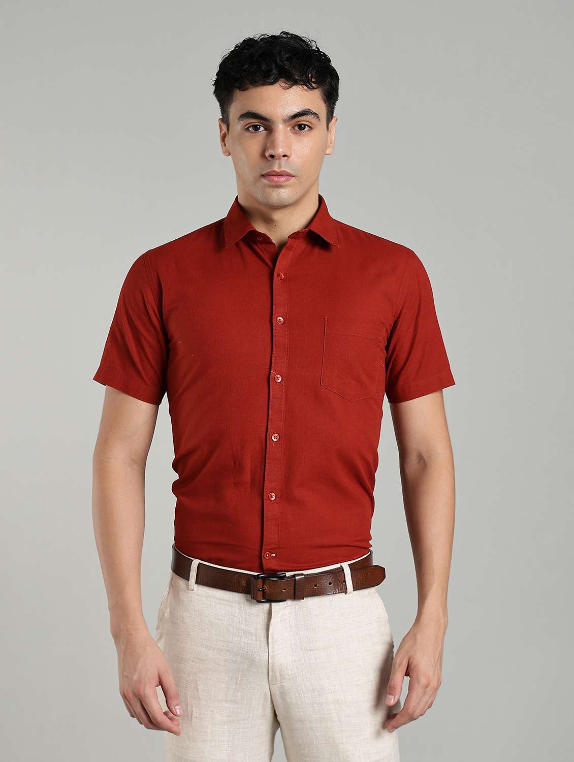men solid short sleeve slim fit formal shirt