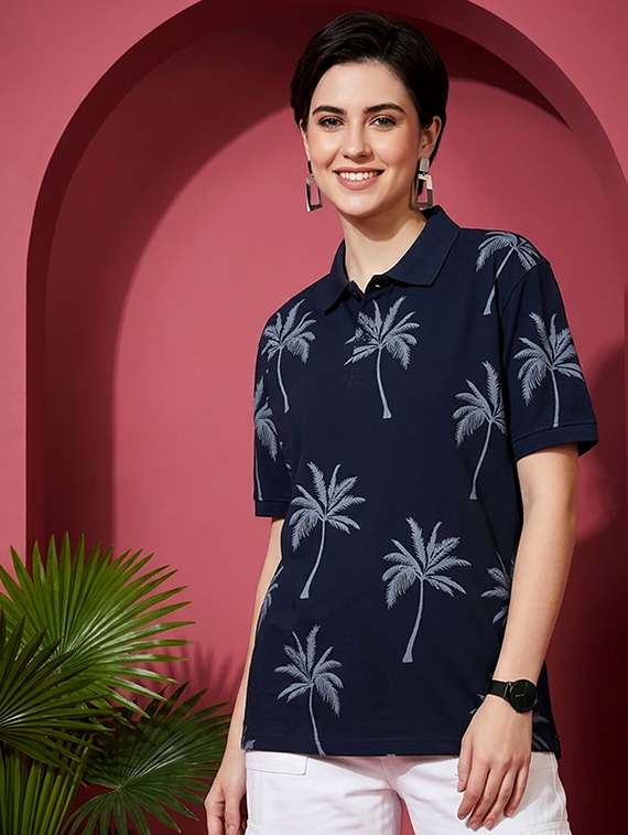women printed short sleeves polo neck t-shirt