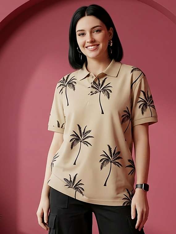 women printed short sleeves polo neck t-shirt