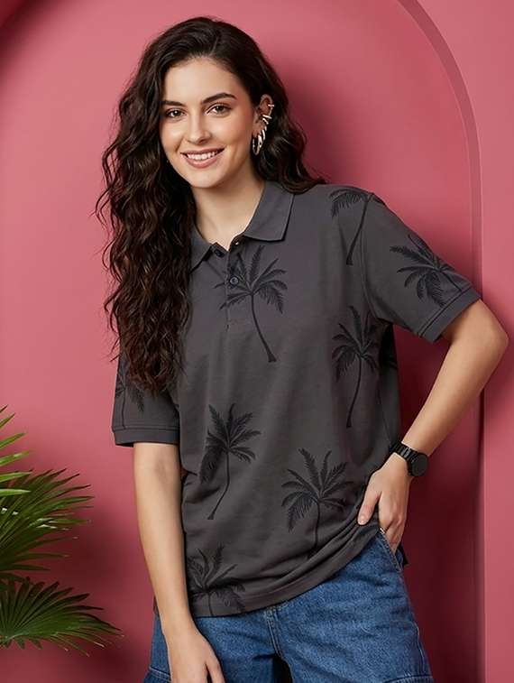 women printed short sleeves polo neck t-shirt