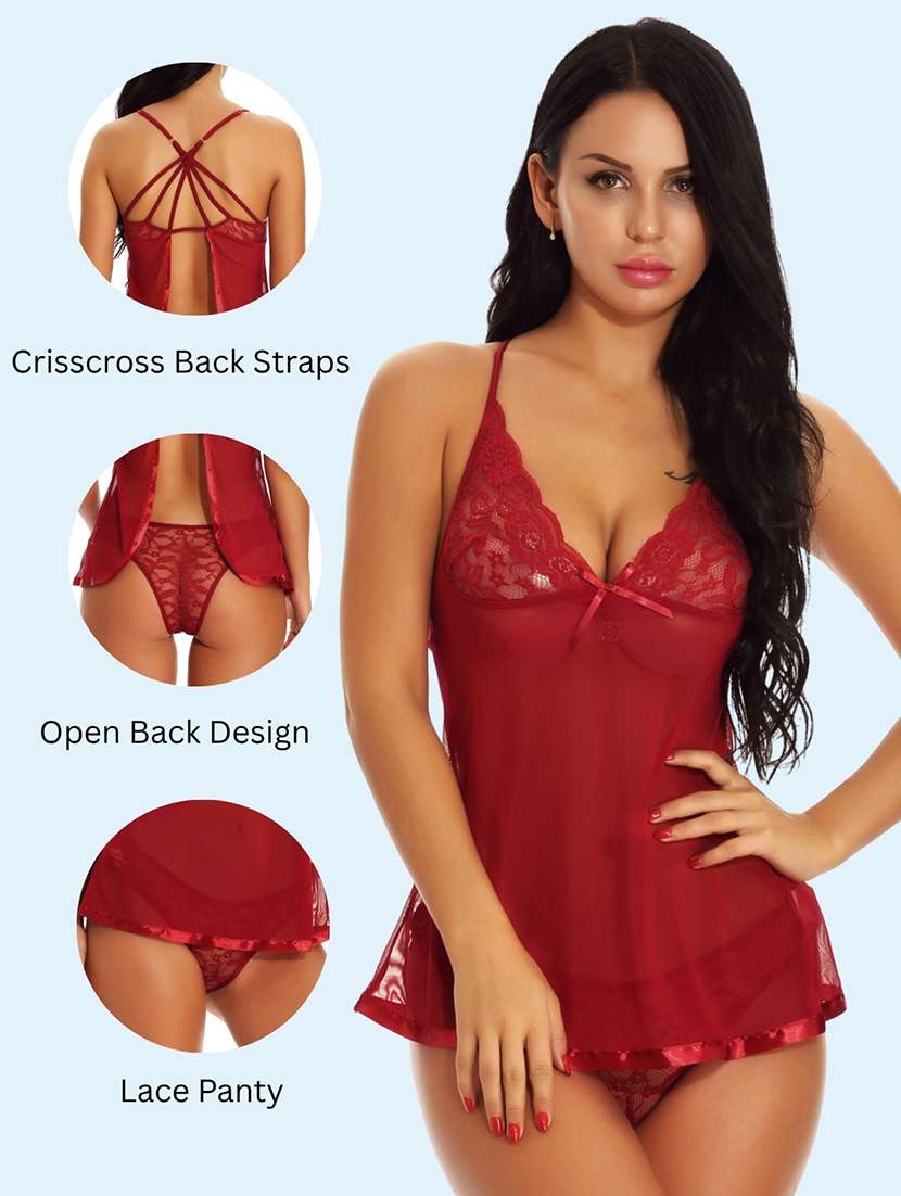 women self design shoulder strap babydoll set - 22502885 -  Standard Image - 3