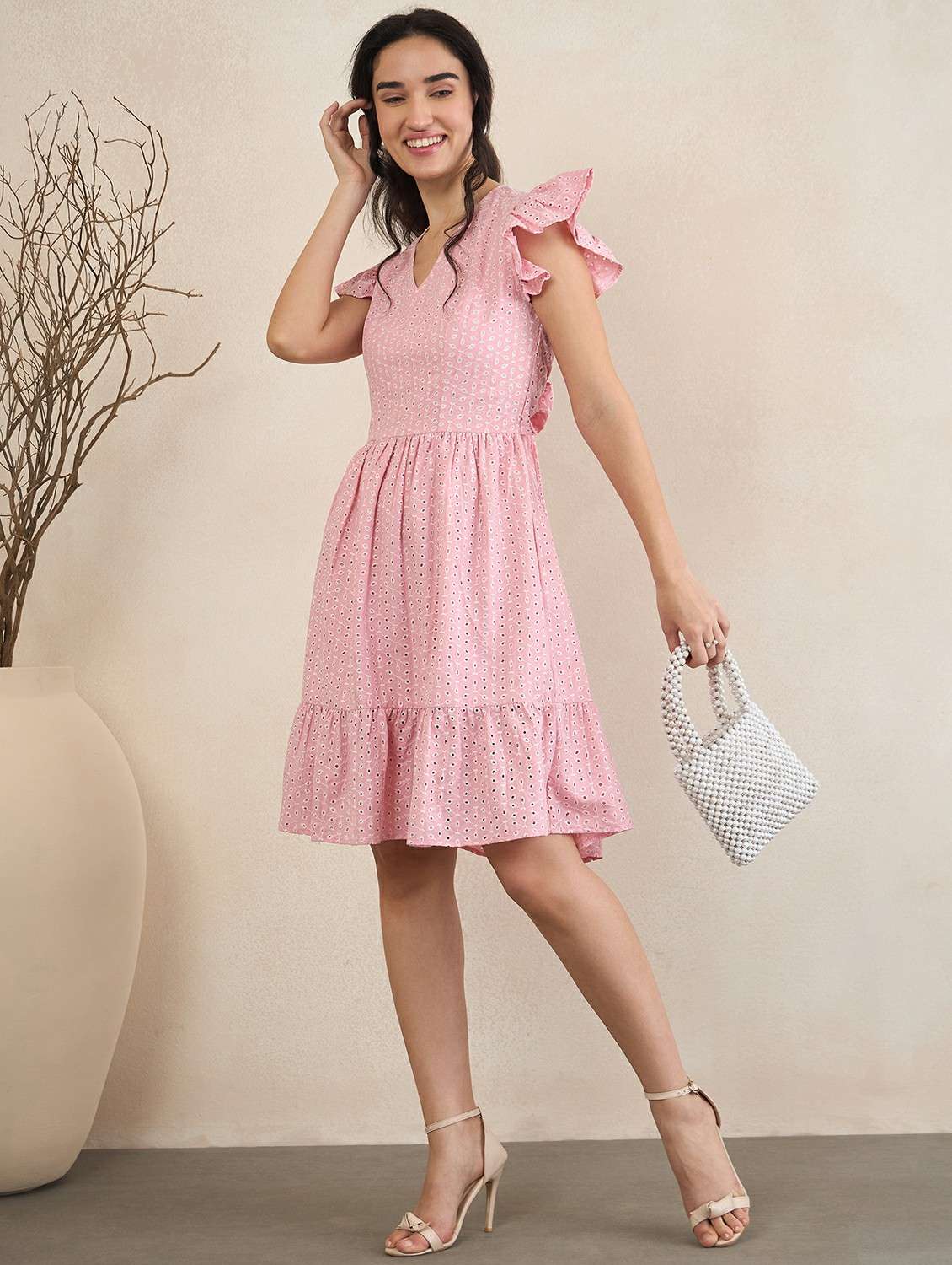 women self design v neck tiered dress
