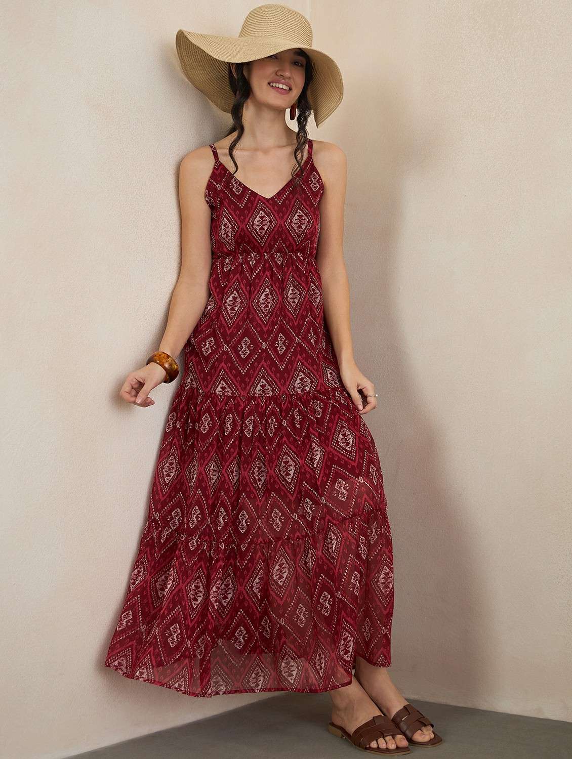 women printed shoulder strap tiered dress