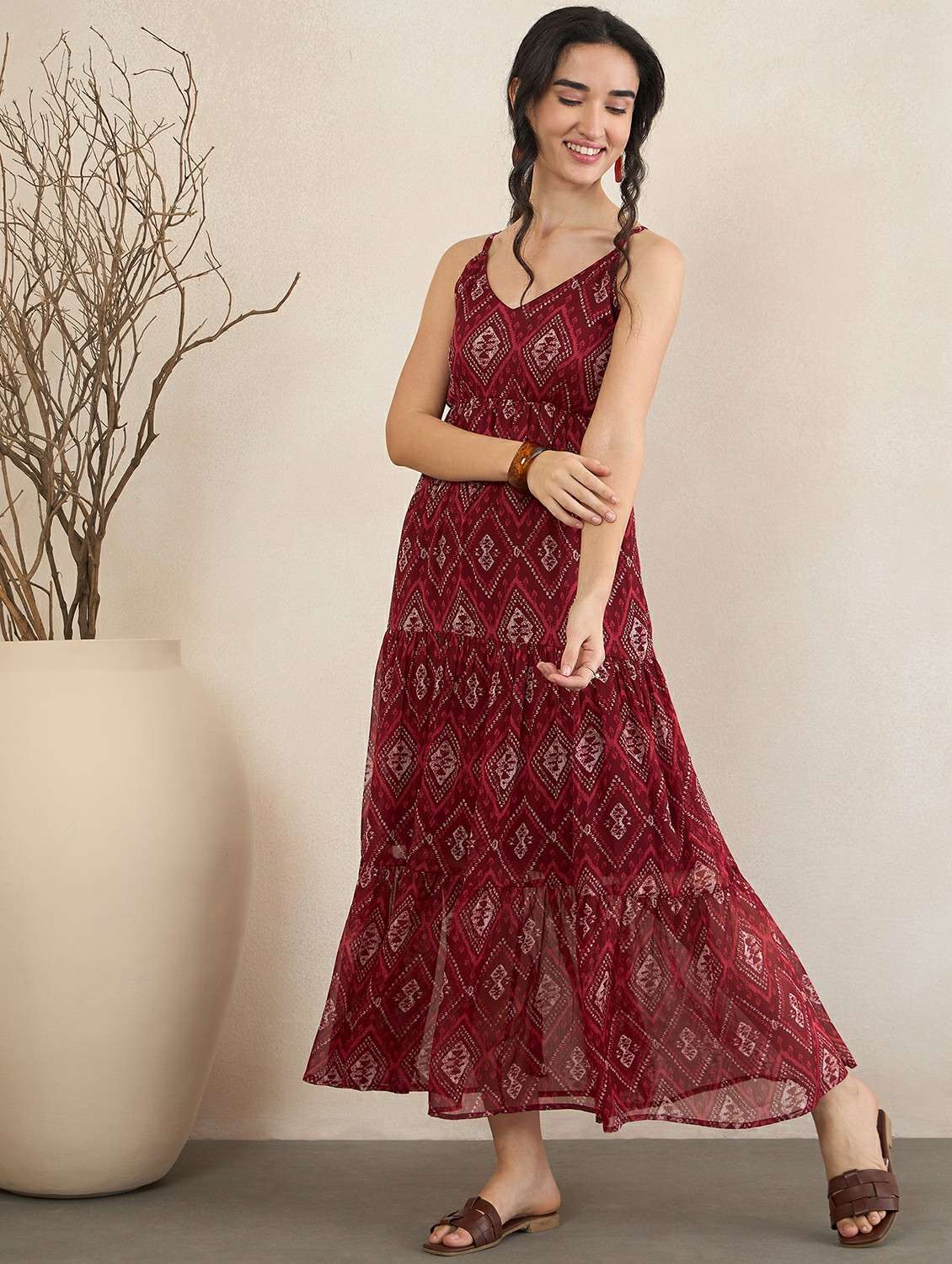 women printed shoulder strap tiered dress - 22502912 -  Standard Image - 3