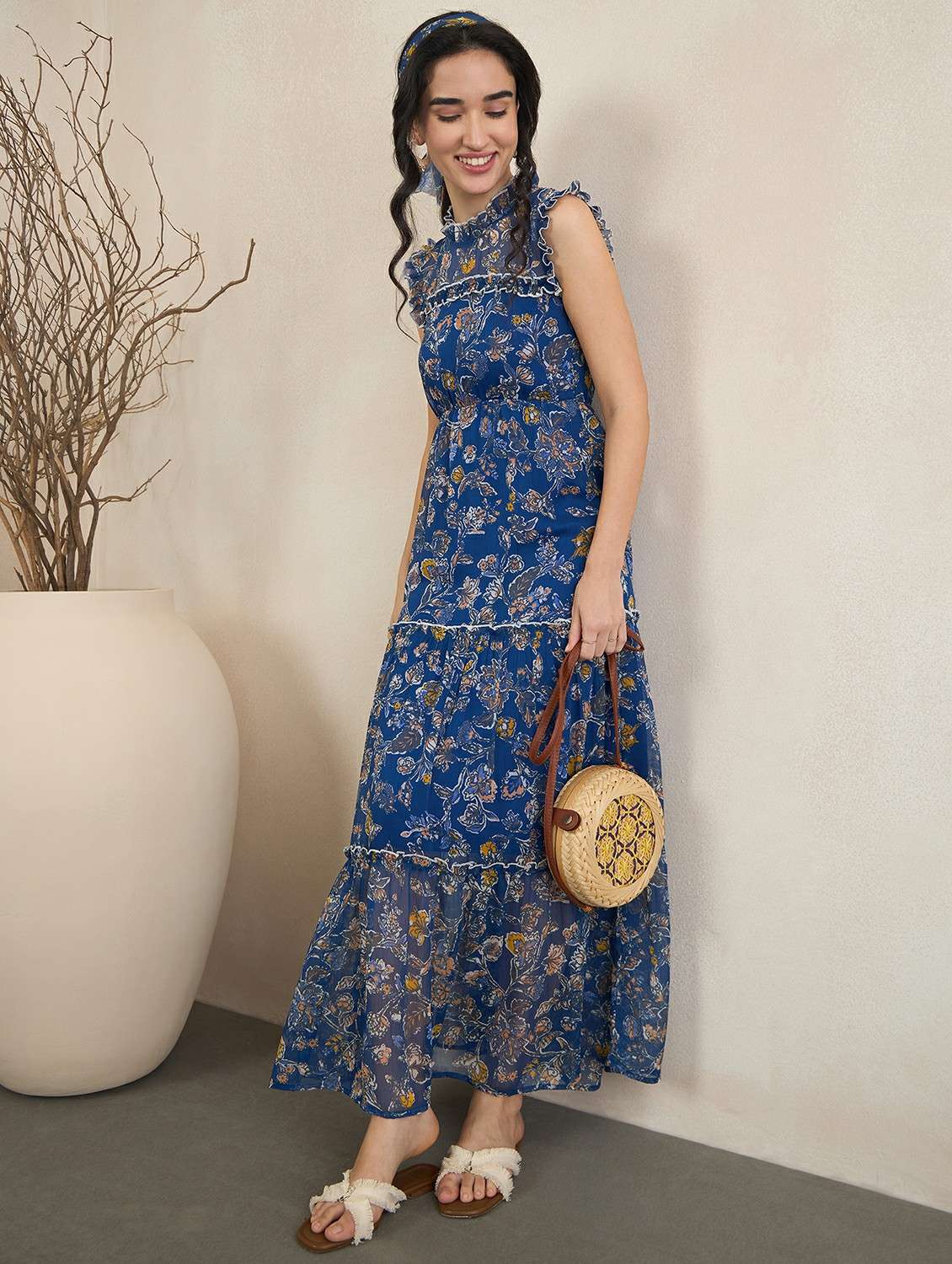 women floral printed sleeveless tiered maxi dress