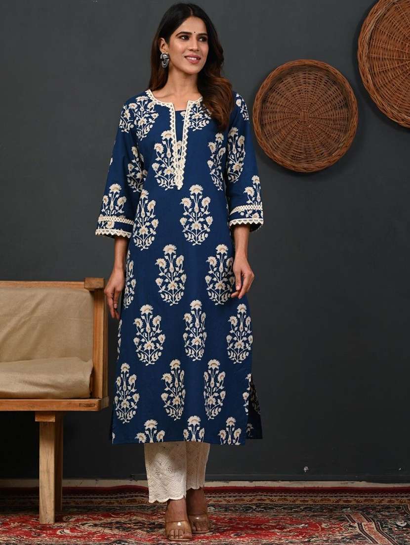 women printed three quarter sleeve straight kurta