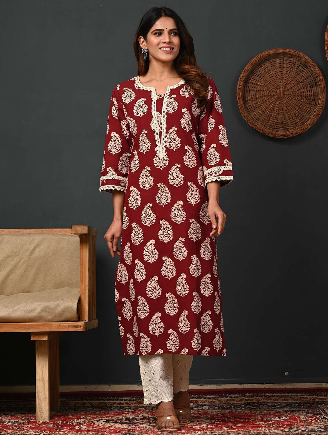 women printed three quarter sleeve straight kurta