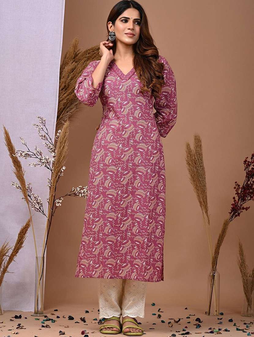 women printed three quarter sleeve straight kurta