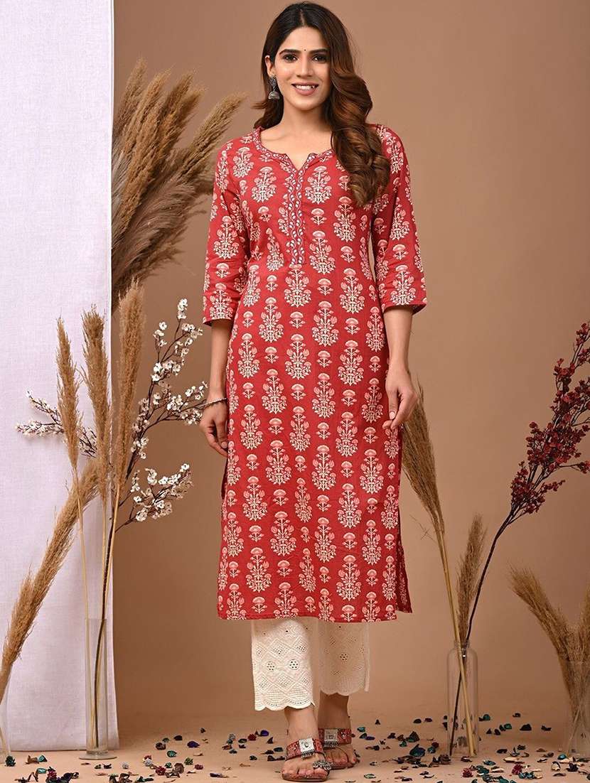 women printed three quarter sleeve straight kurta