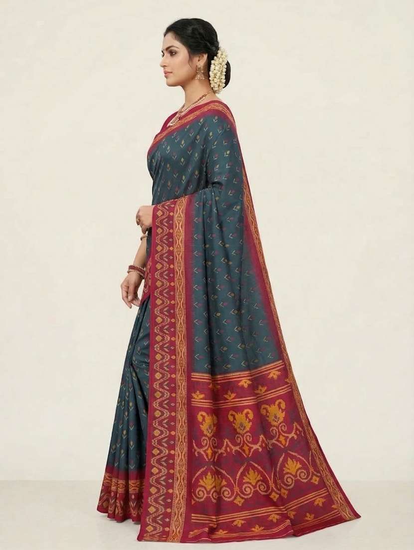 women ikat bodered saree with blouse - 22503095 -  Standard Image - 3