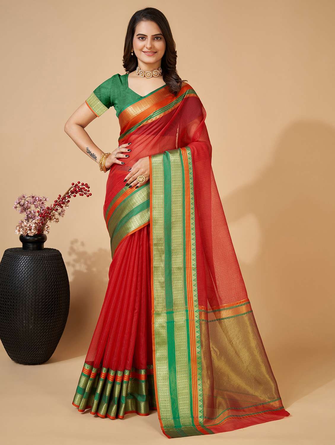 women self design kota doria saree with blouse