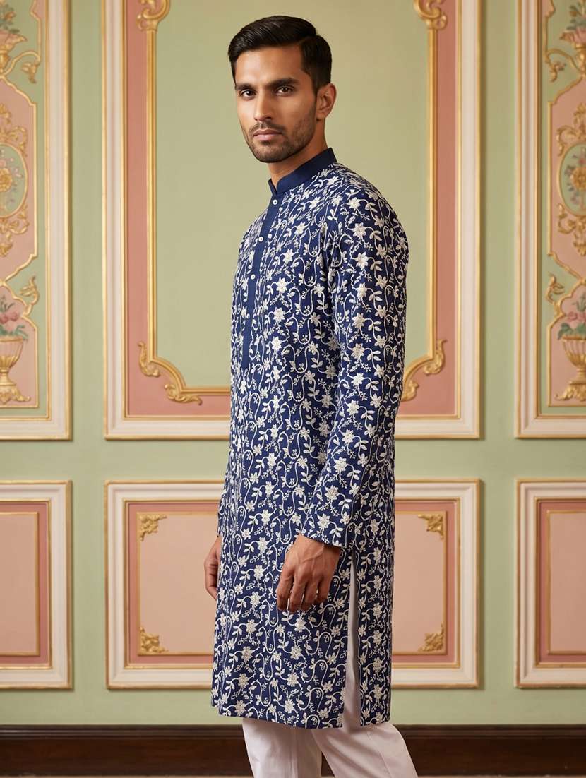 men embroidered mandarin neck long kurta - 22503340 -  Standard Image - 3