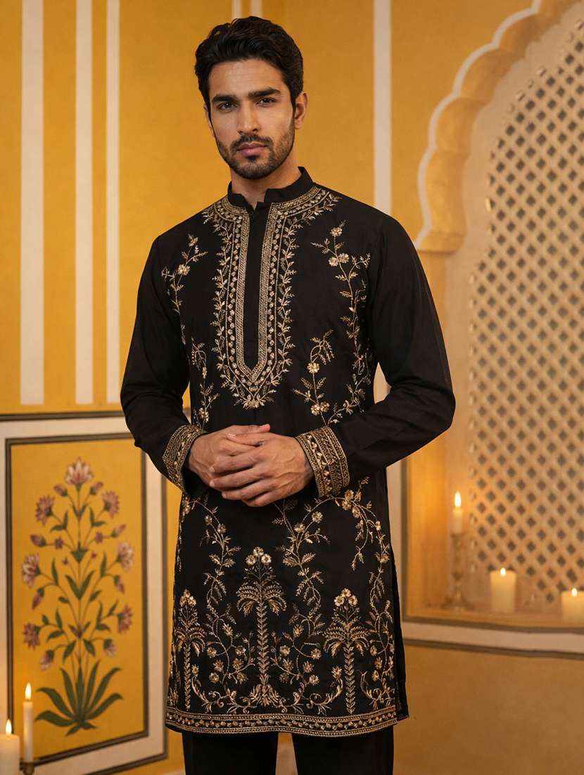 men embroidered mandarin neck long kurta