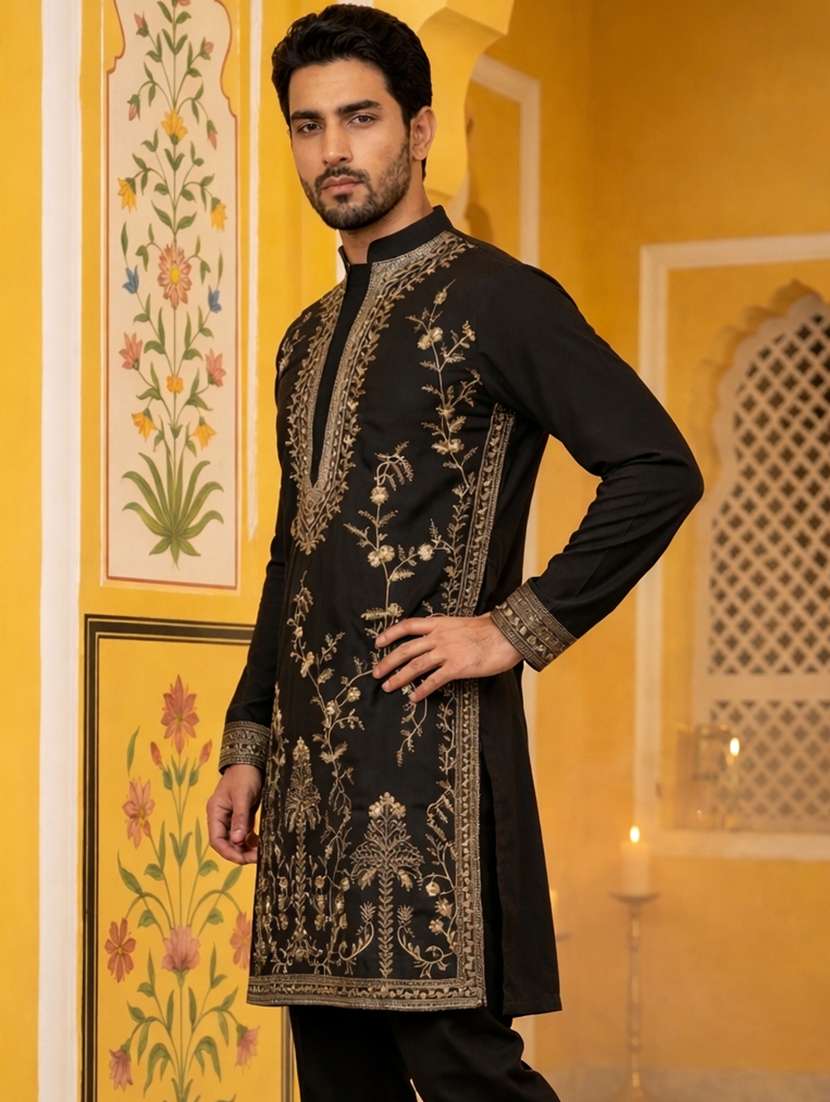 Men Embroidered Mandarin Neck Long Kurta - 22503343 -  Standard Image - 3