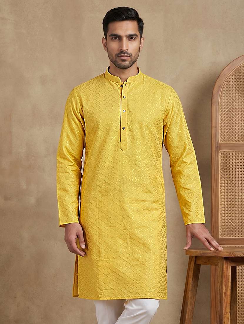 men self design mandarin neck long kurta