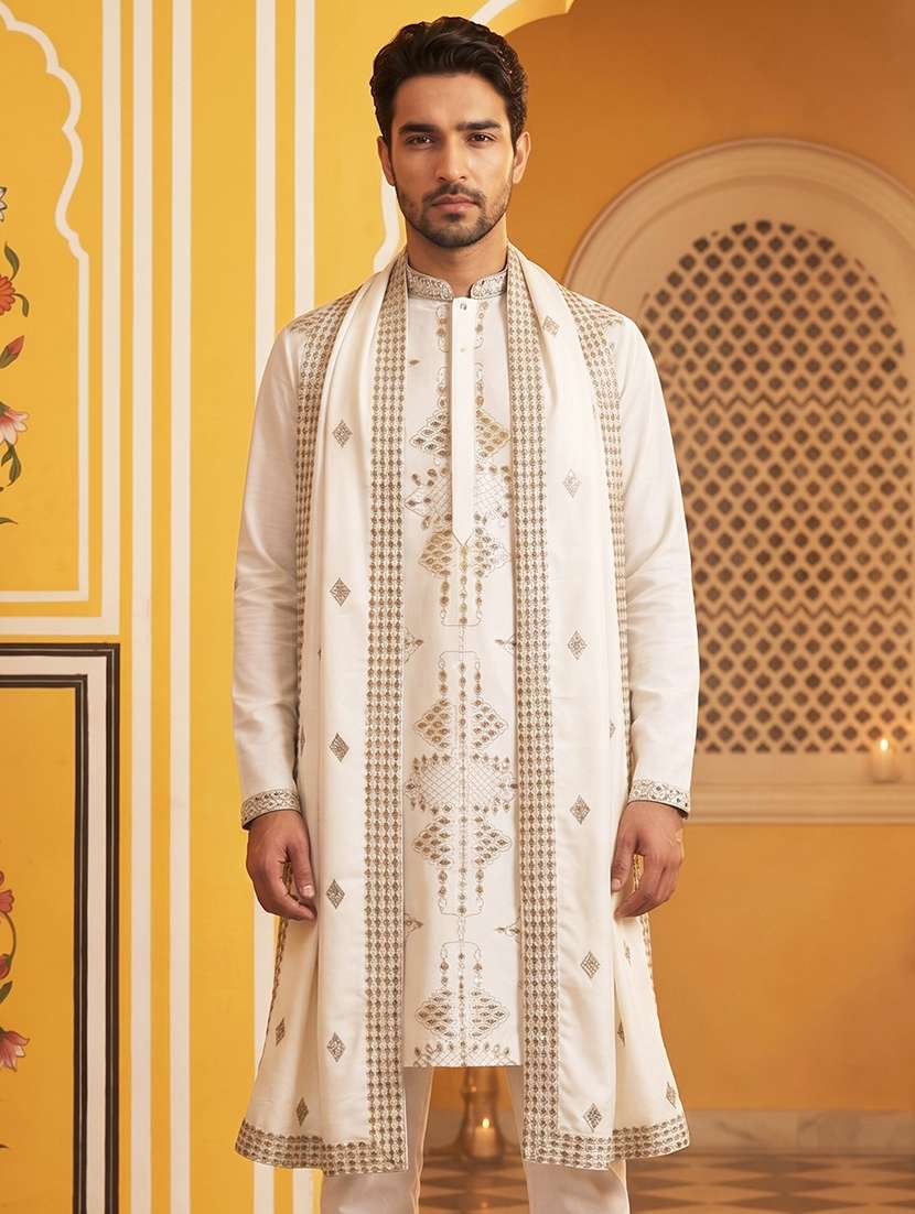 men embroidered mandarin neck long kurta