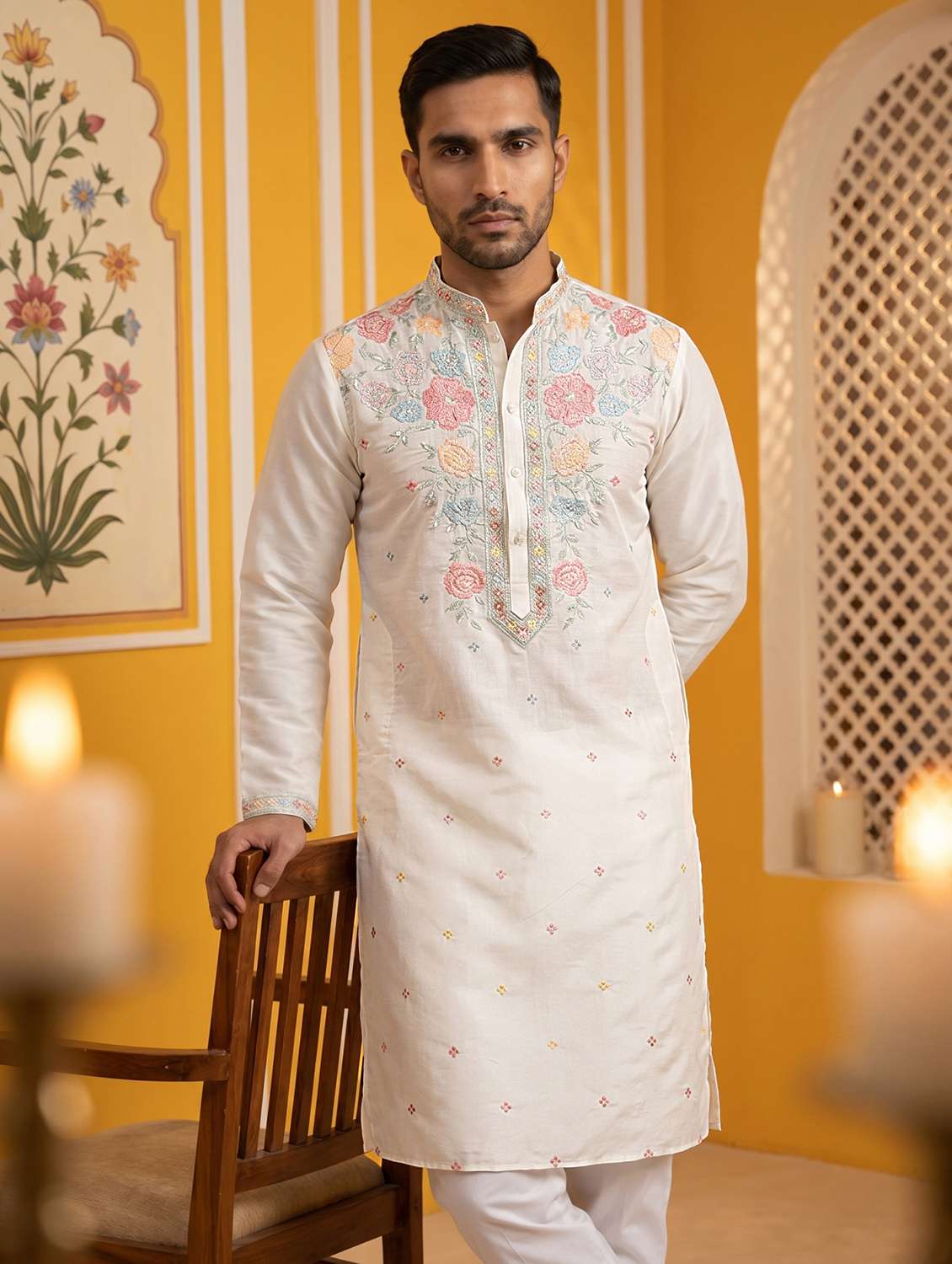 men solid with work mandarin neck long kurta