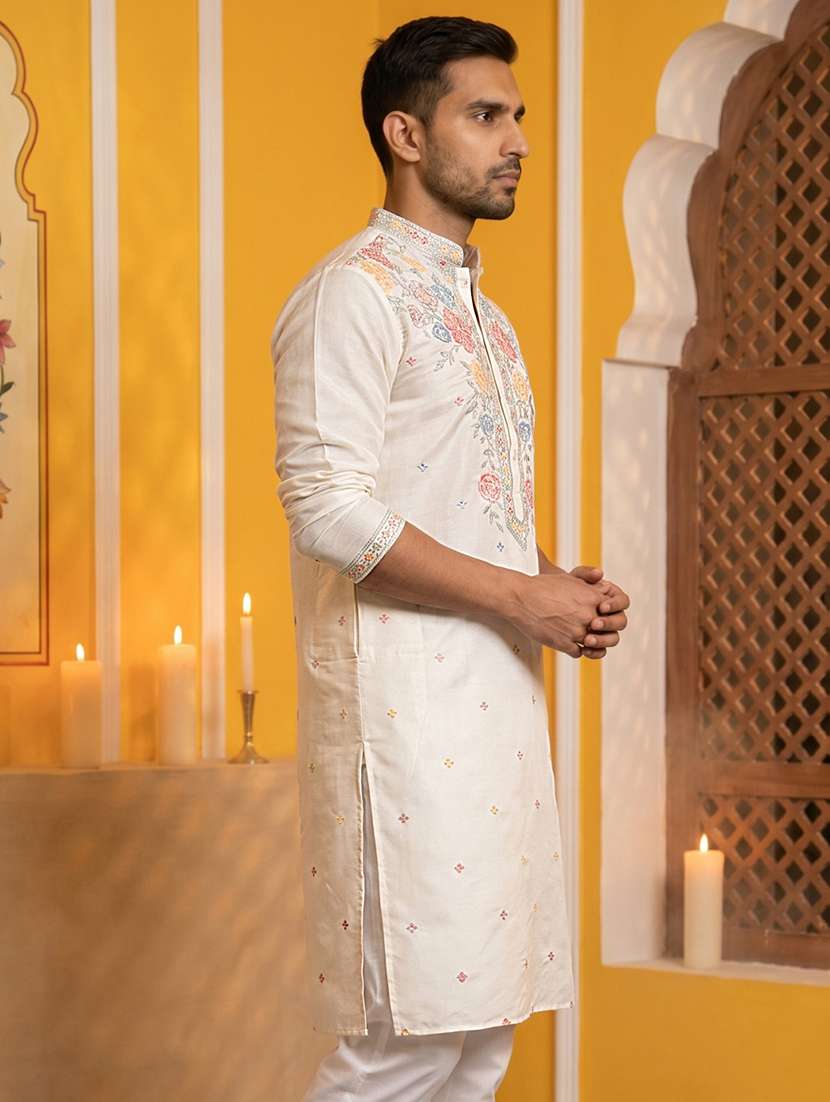 men solid with work mandarin neck long kurta - 22503376 -  Standard Image - 3