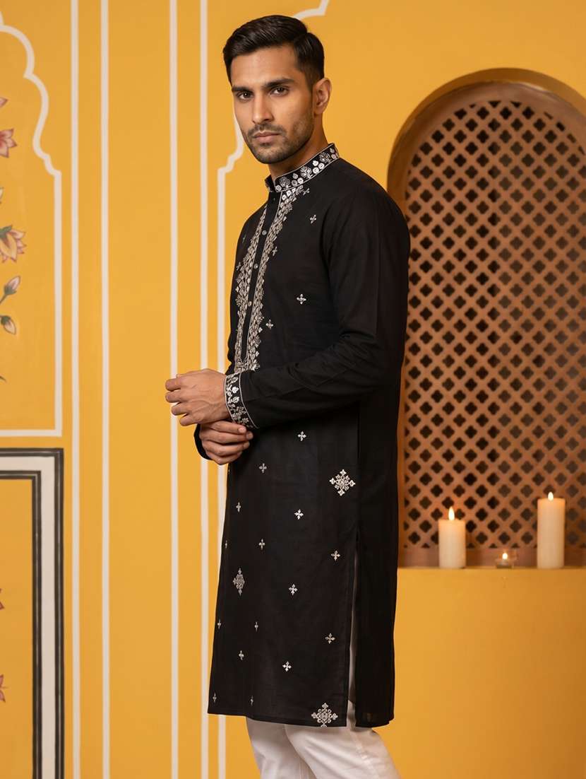 men solid with work mandarin neck long kurta - 22503381 -  Standard Image - 3