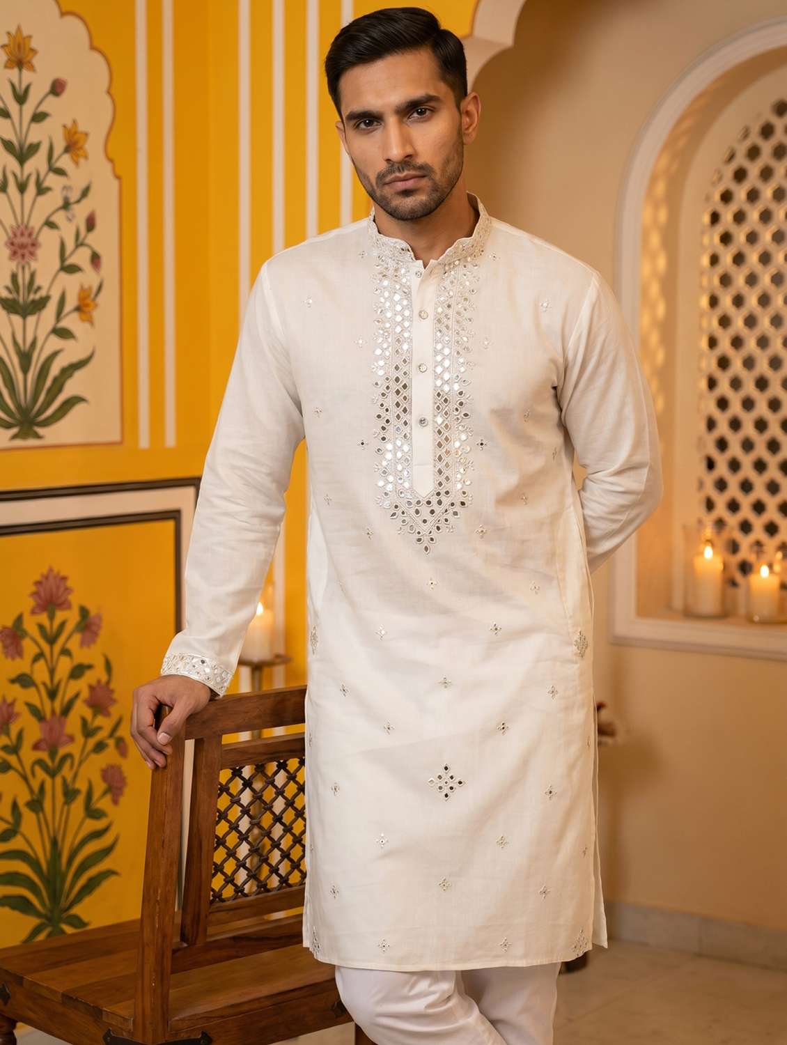 men solid with work mandarin neck long kurta