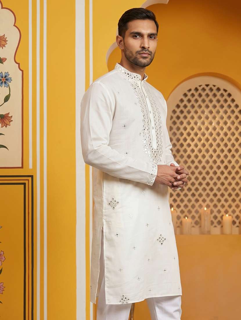 men solid with work mandarin neck long kurta - 22503384 -  Standard Image - 3