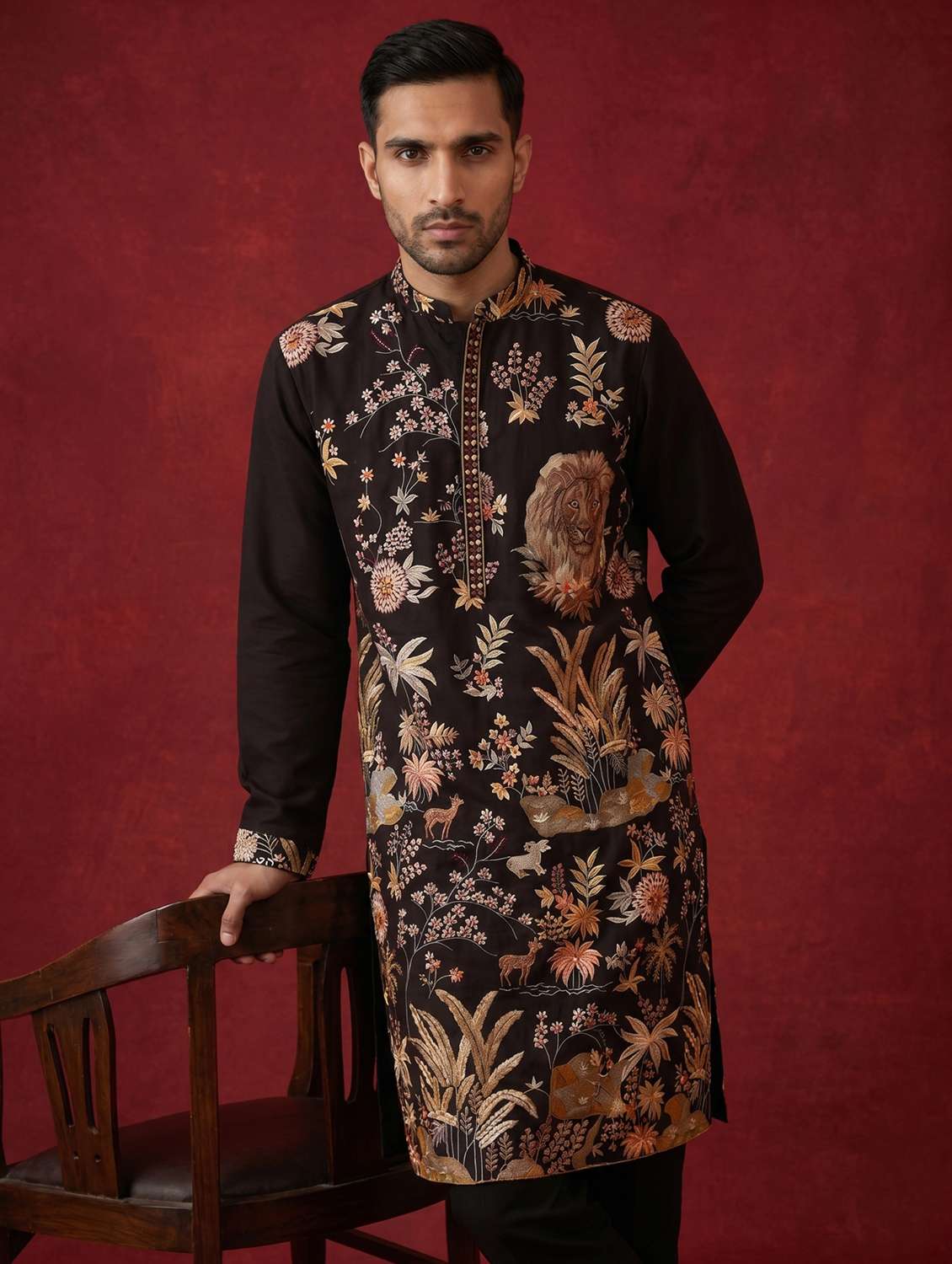 men solid with work mandarin neck long kurta