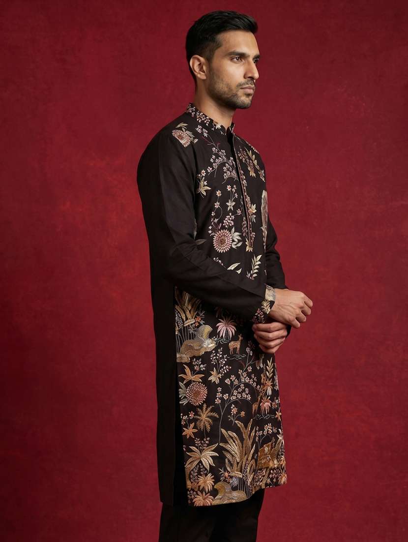 men solid with work mandarin neck long kurta - 22503385 -  Standard Image - 3