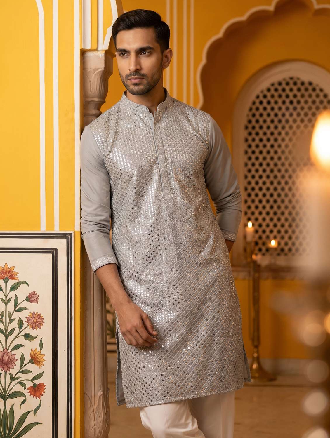 men solid with work mandarin neck long kurta