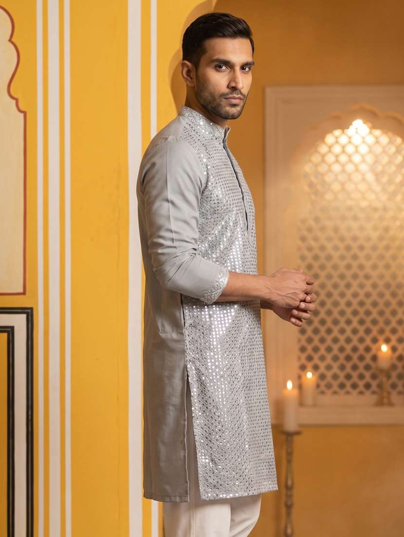men solid with work mandarin neck long kurta - 22503390 -  Standard Image - 3