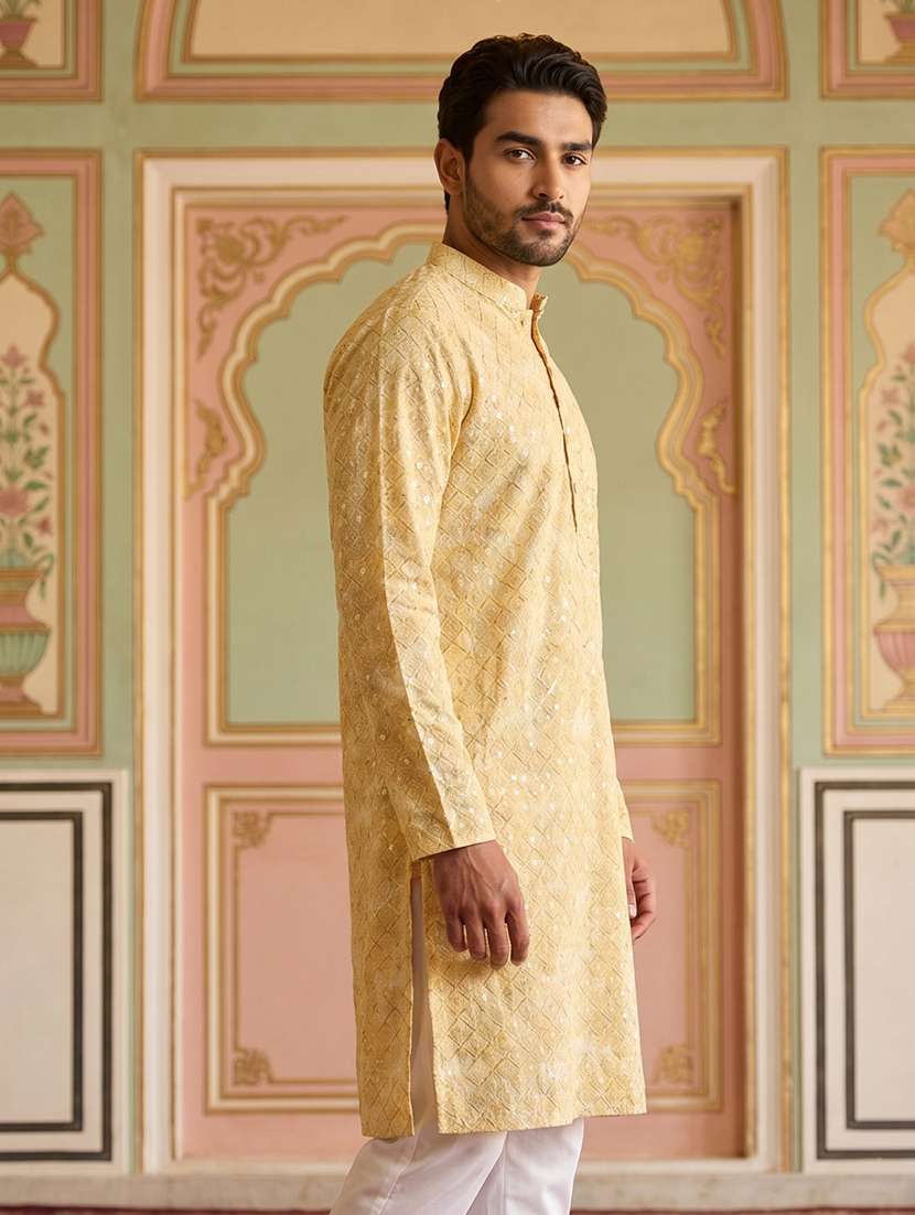 men solid with work mandarin neck long kurta - 22503392 -  Standard Image - 3