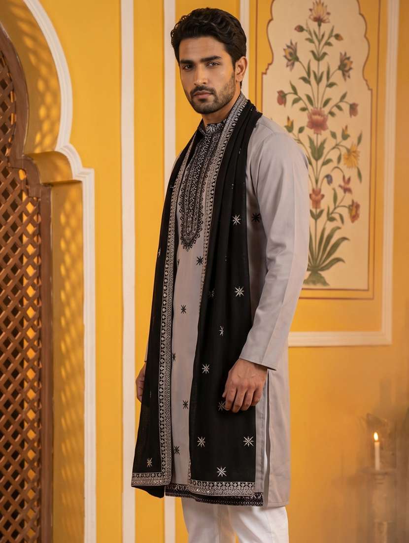 men embroidered mandarin neck long kurta - 22503394 -  Standard Image - 3