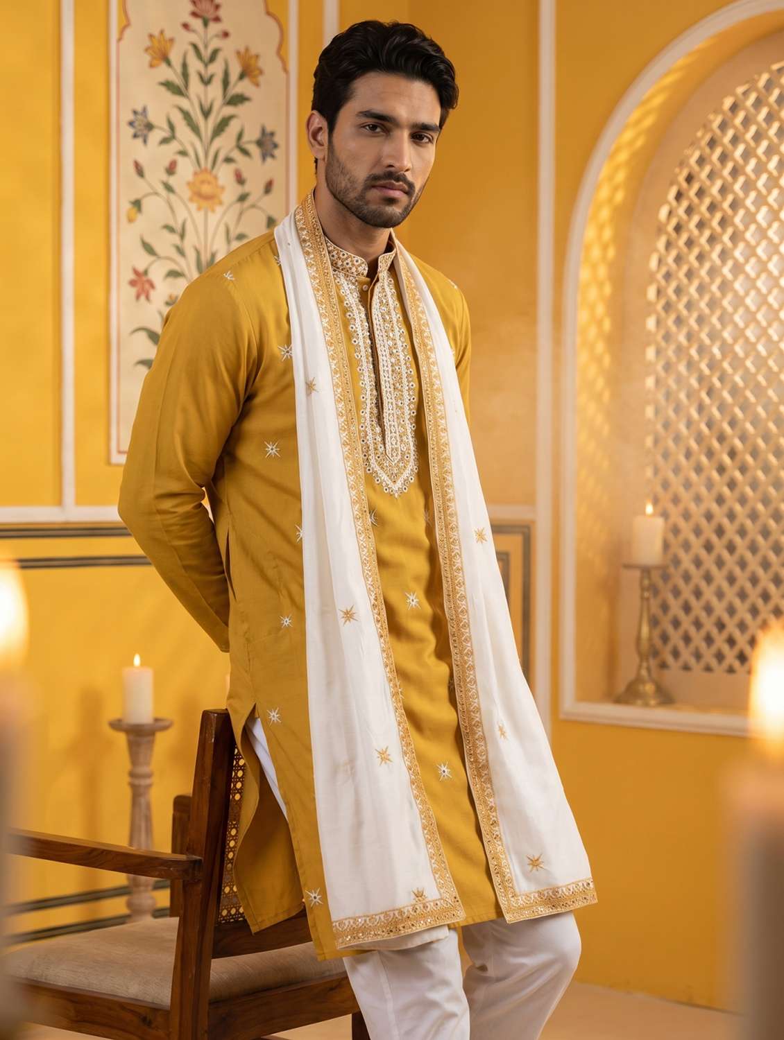 men embroidered mandarin neck long kurta