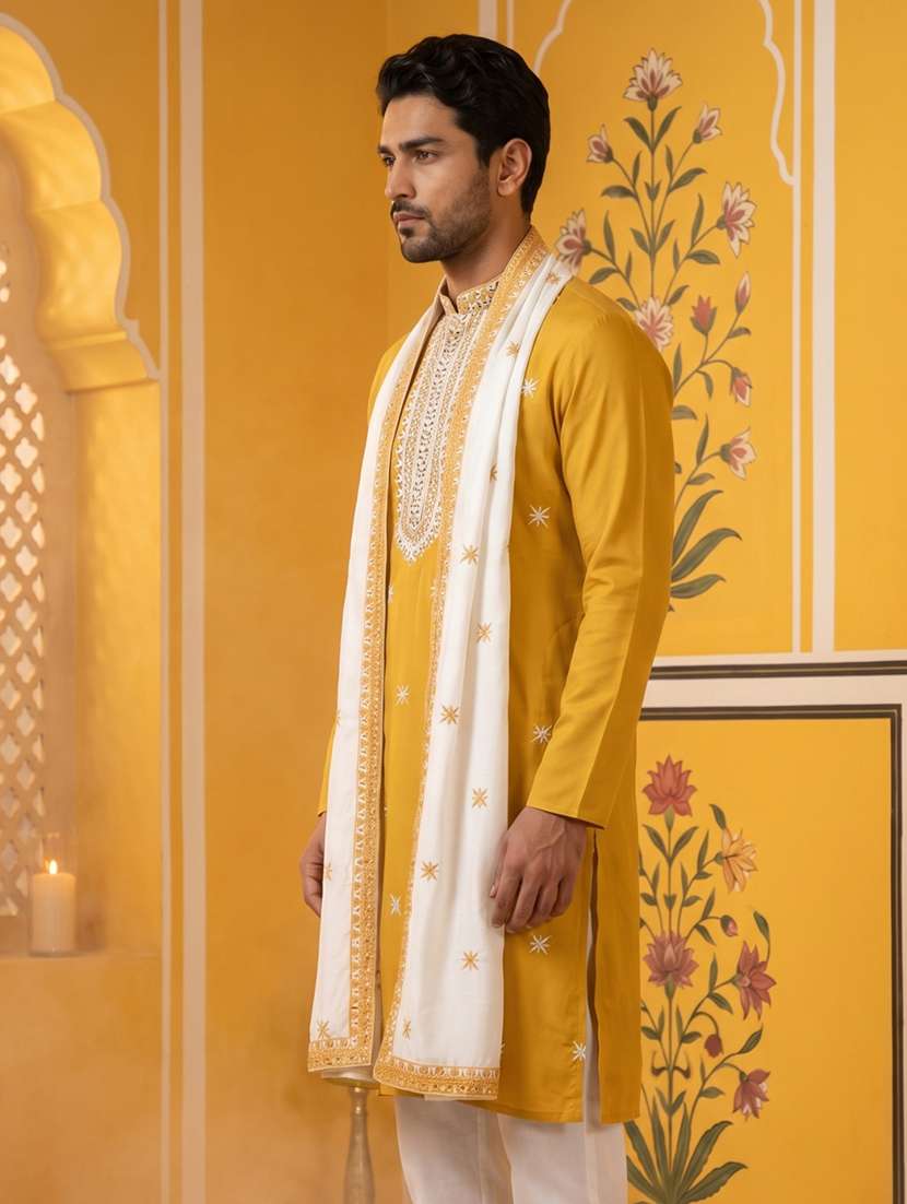 men embroidered mandarin neck long kurta - 22503395 -  Standard Image - 3
