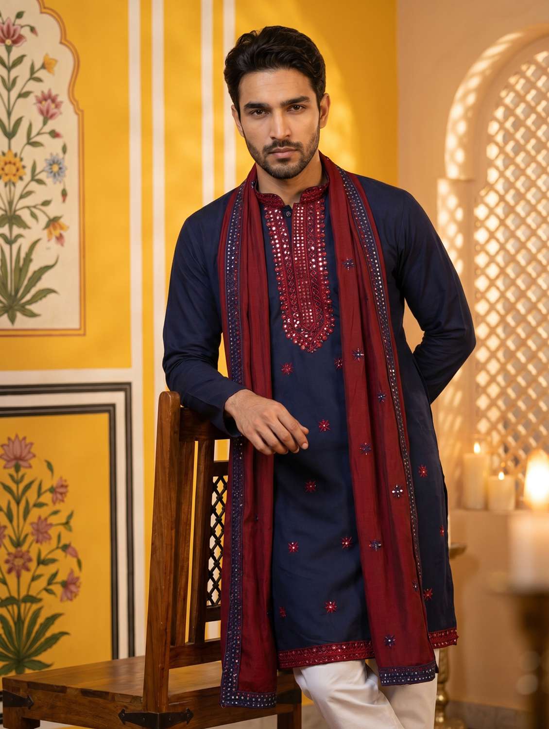 men embroidered mandarin neck long kurta