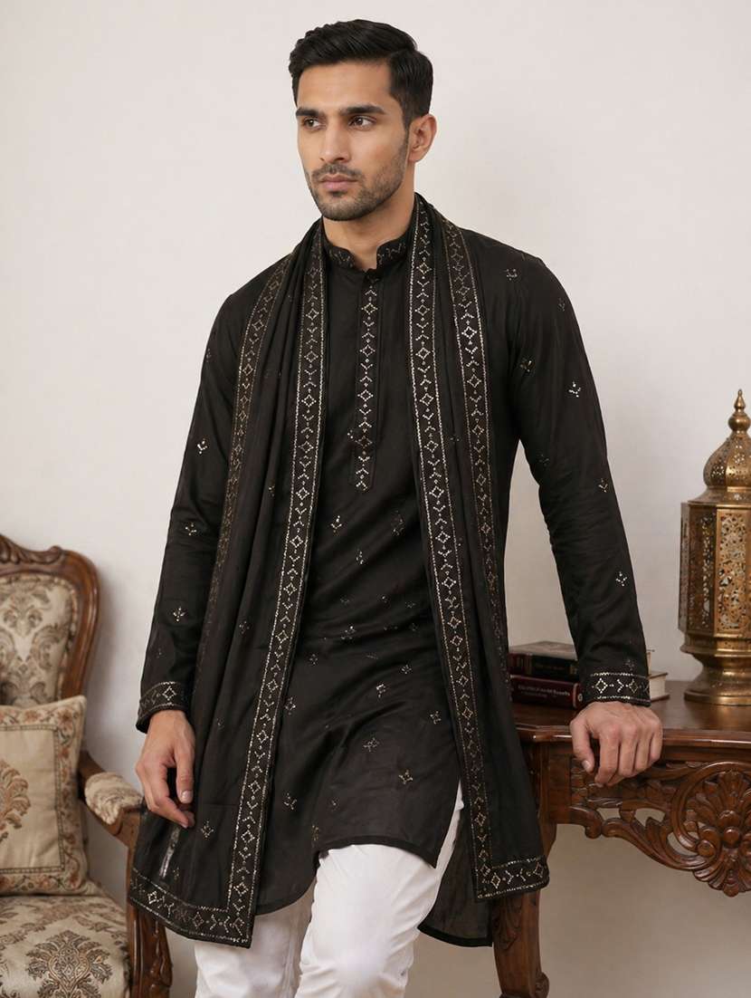 men embroidered mandarin neck long kurta