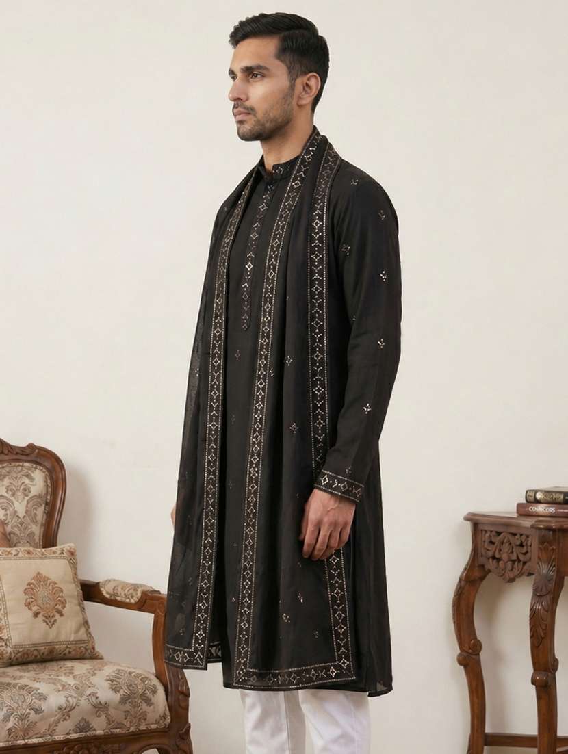 men embroidered mandarin neck long kurta - 22503398 -  Standard Image - 3