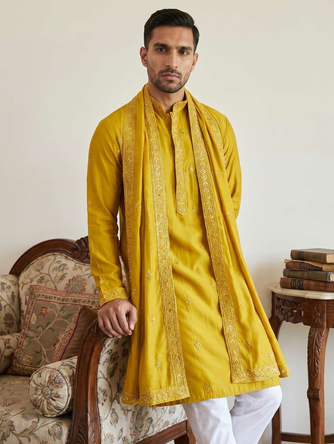 men embroidered mandarin neck long kurta