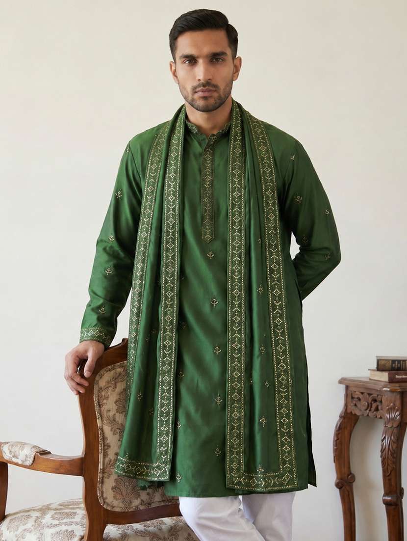 men embroidered mandarin neck long kurta