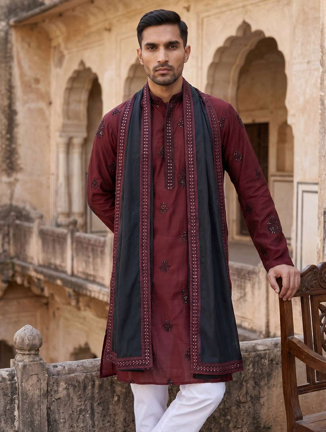 men embroidered mandarin neck long kurta