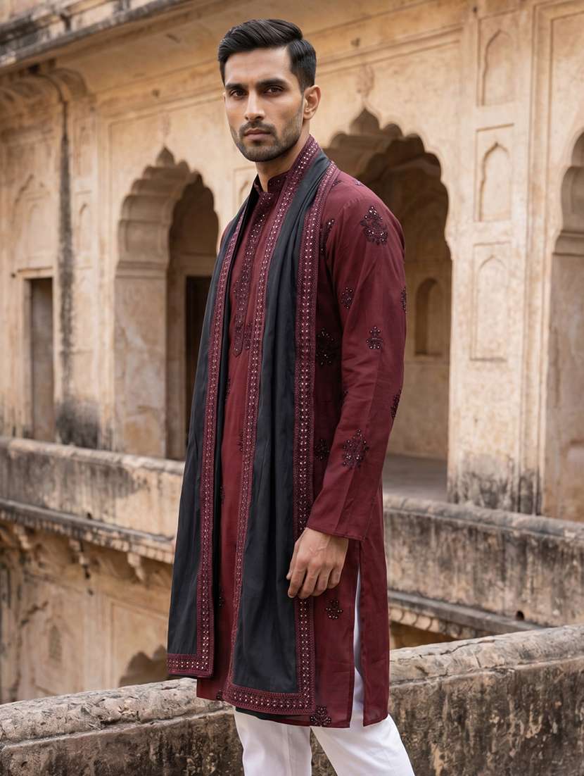 men embroidered mandarin neck long kurta - 22503403 -  Standard Image - 3