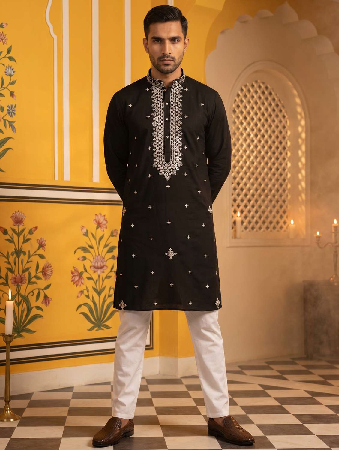 men embroidered mandarin neck kurta pyjama set