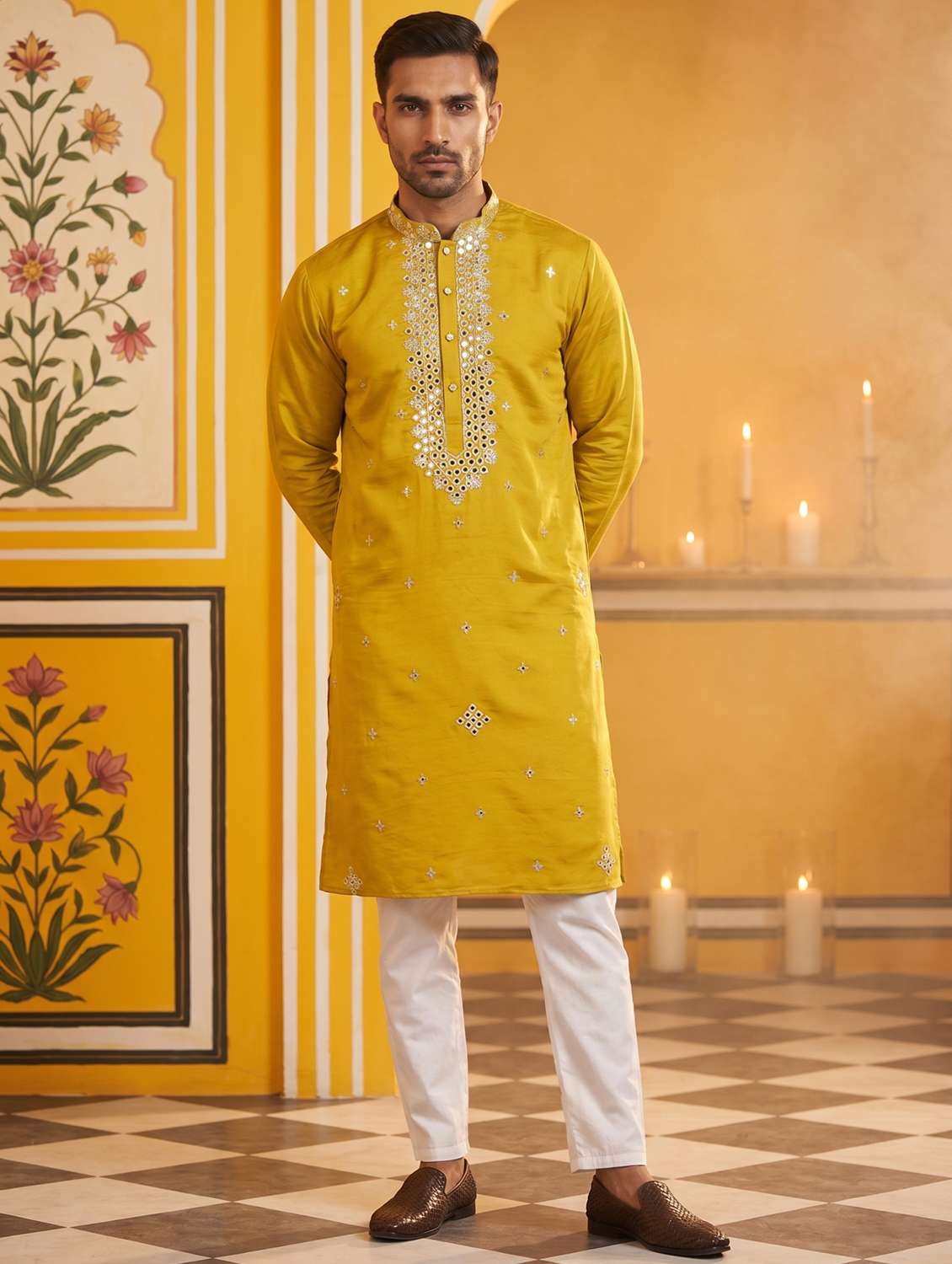 men embroidered mandarin neck kurta pyjama set